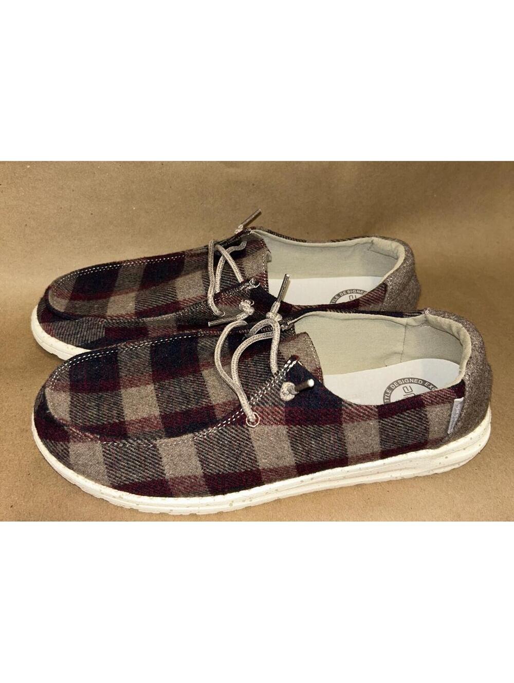 Hey Dude Wendy Fleece Plaid Womens Size 11 Burgundy Tan Slip On Shoes EU 42